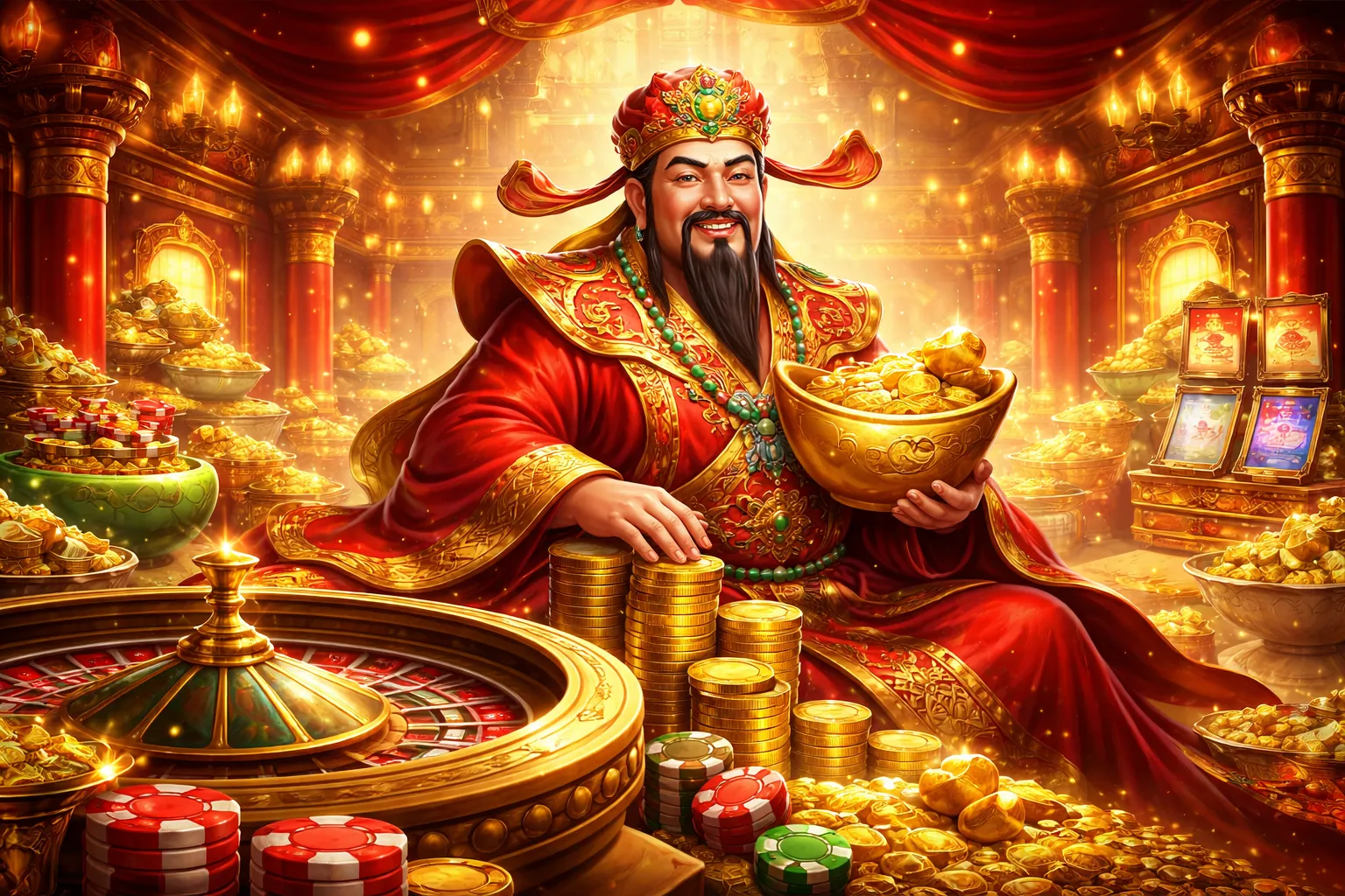 Hình ảnh chính về game slot bi88 với các biểu tượng quay thưởng rực rỡ, tiền vàng và biểu tượng jackpot